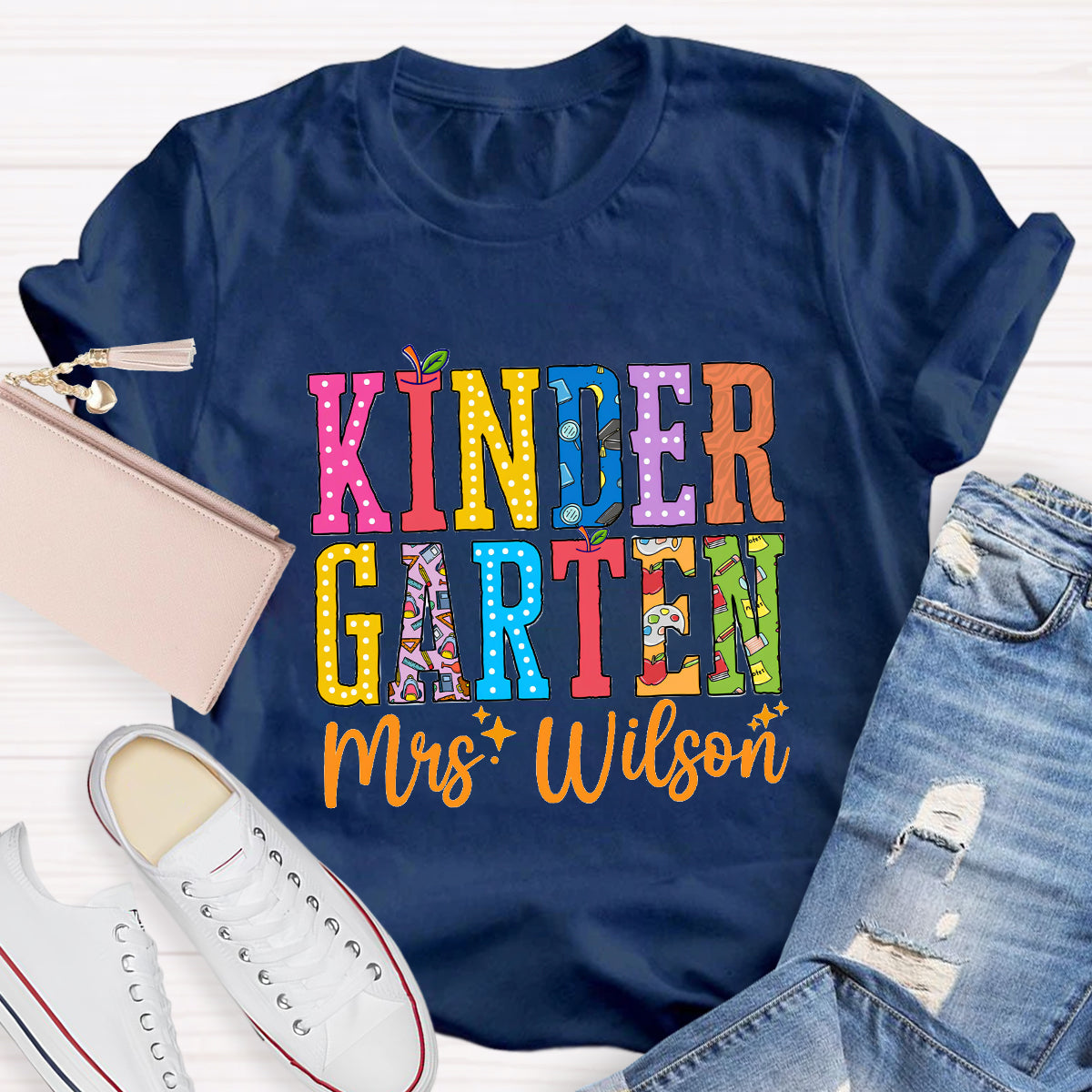 Personalized Teacher Name And Grade Apple Printed T-Shirt