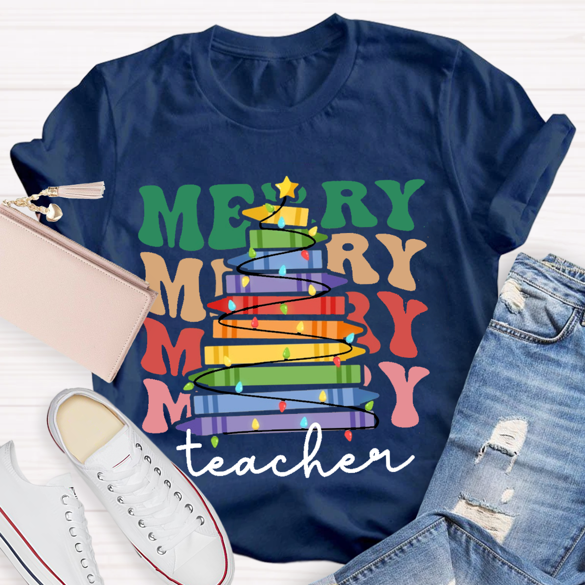 Crayon Christmas Tree Teacher T-Shirt