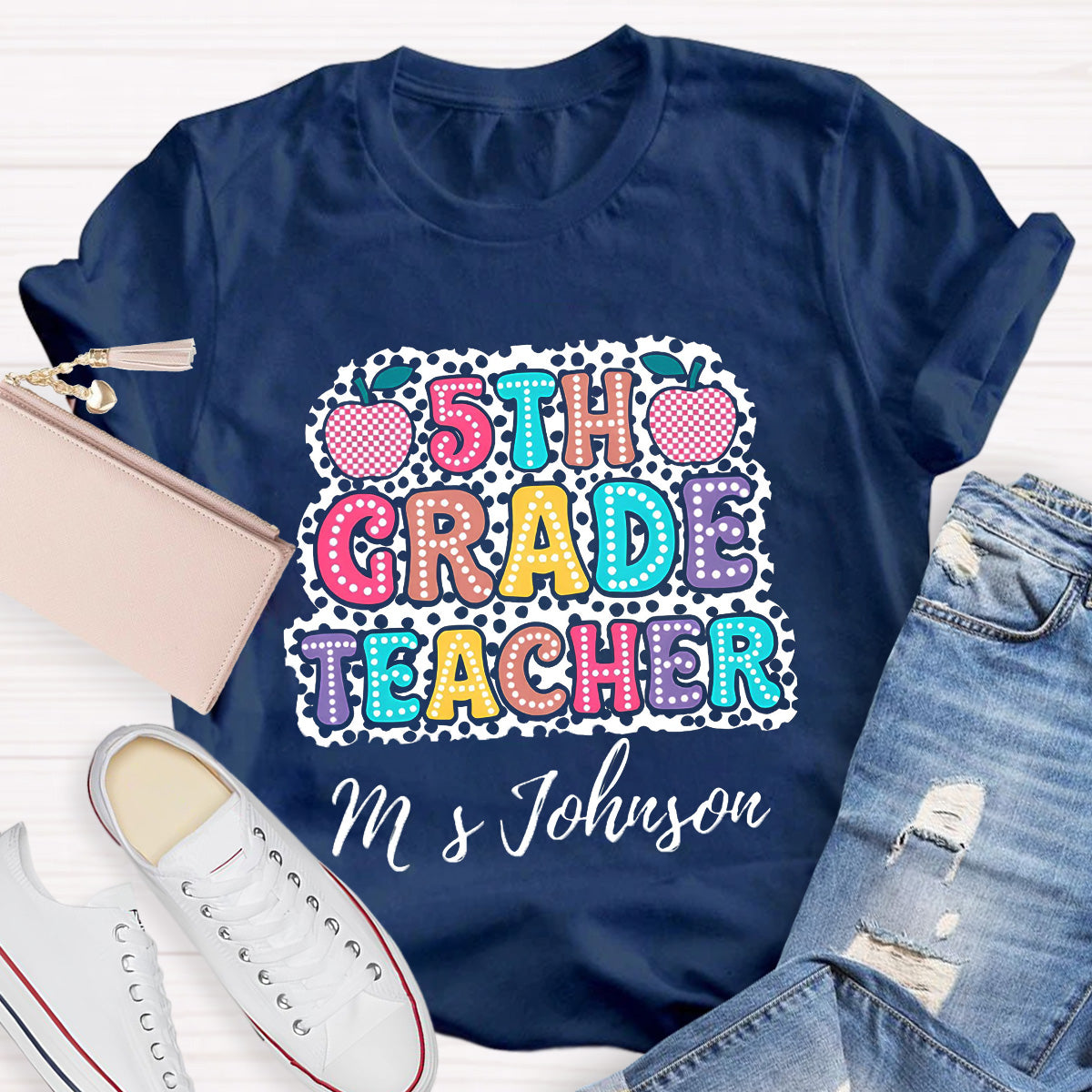 Personalized Name And Grade Checkerboard Apple Teacher T-Shirt