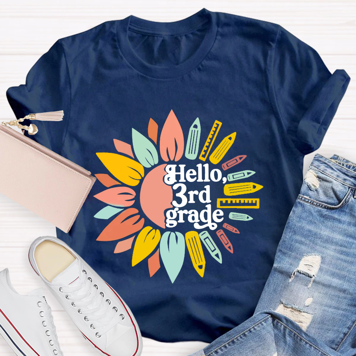 Personalized Grade Hello 3rd Grade Sunlower Teacher T-Shirt