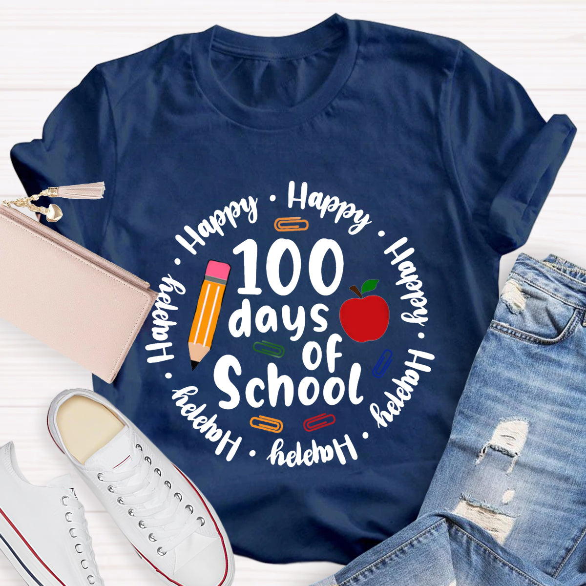 Happy 100 Days Of School Apple Pencil Teacher T-Shirt