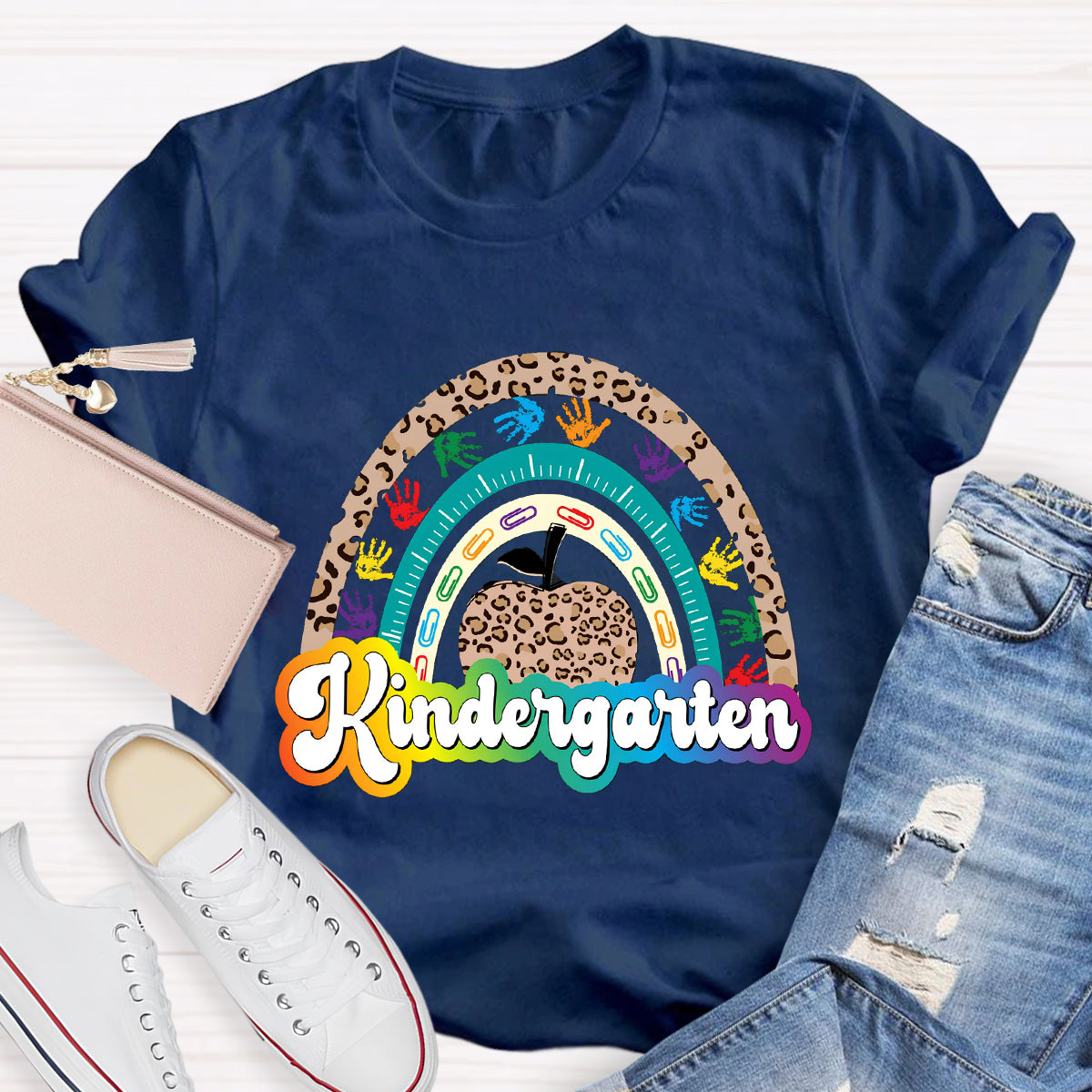 Personalized Grade Leopard Apple Rainbow Teacher T-Shirt