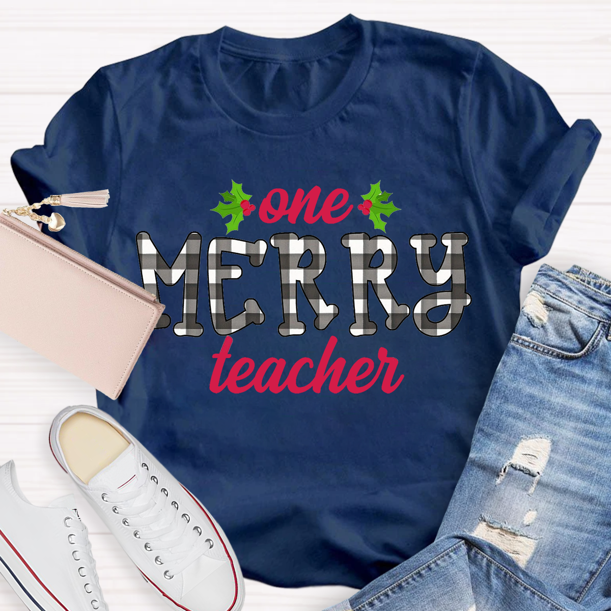 One Merry Teacher Christmas Plaid T-Shirt