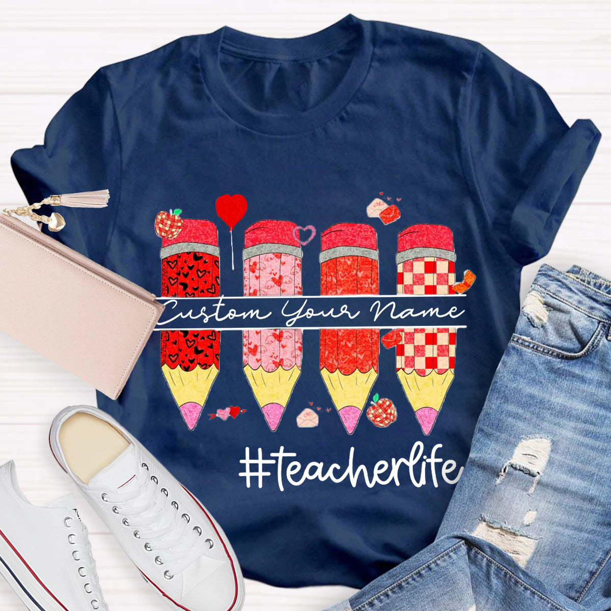 Personalized Name Red Pencil Teacher Life T-Shirt