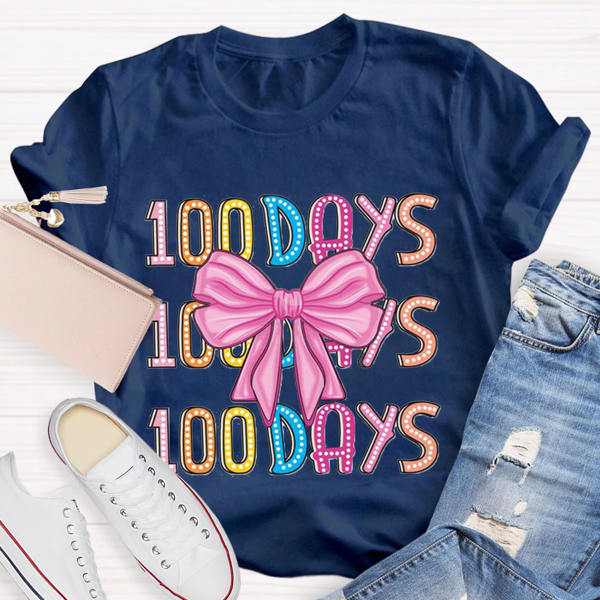 Happy 100 Days Of School  Polka Dot Bow  T-Shirt