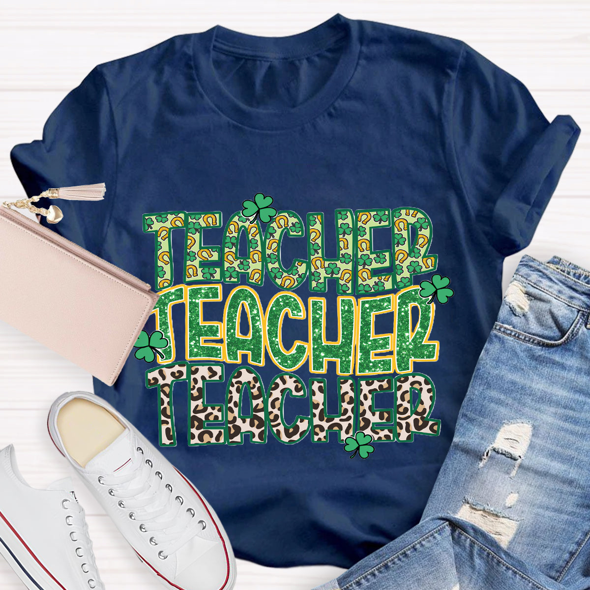 Green Clover Leopard Print Design Teacher T-Shirt