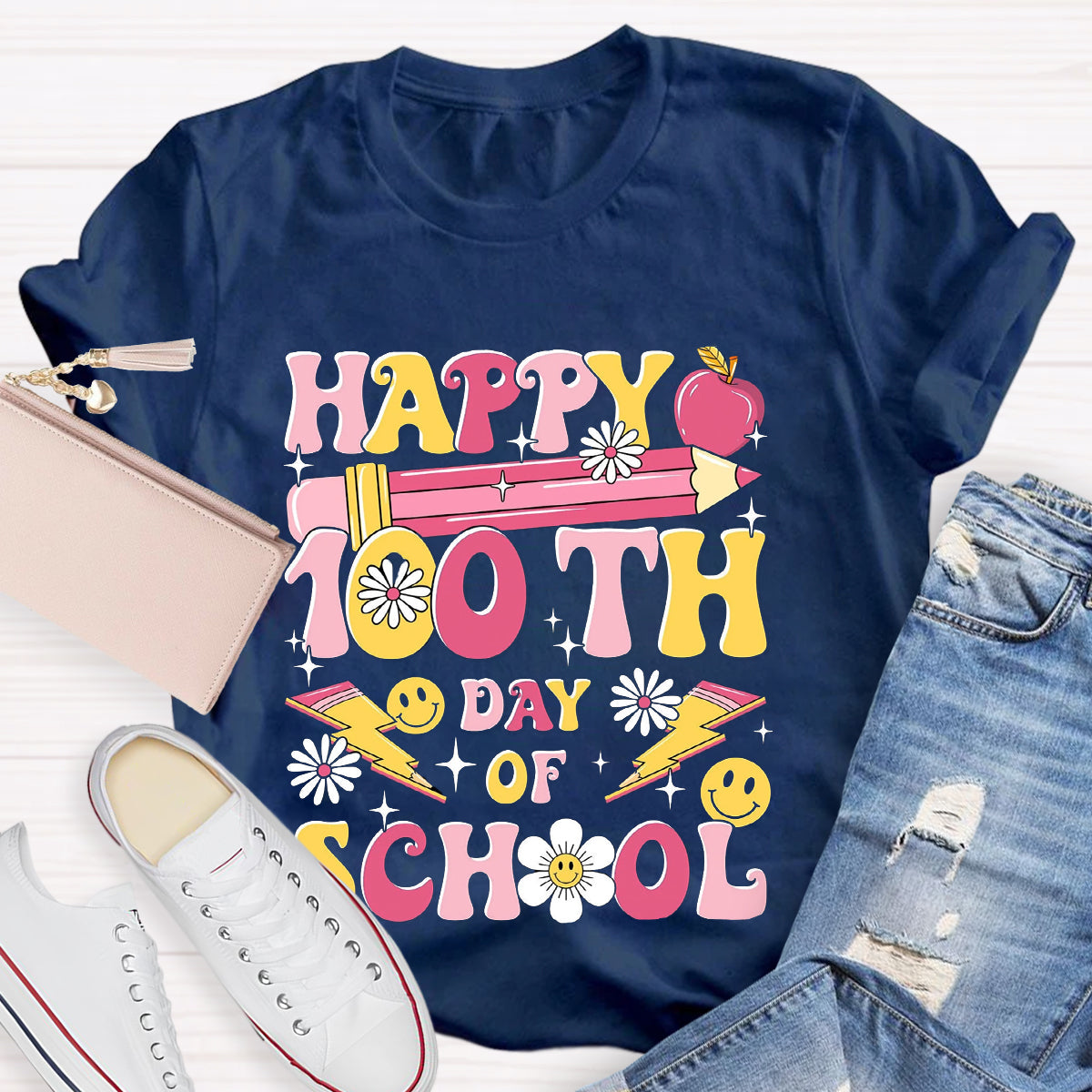 Happy 100 Days Of School Pink Pencil Teacher T-Shirt