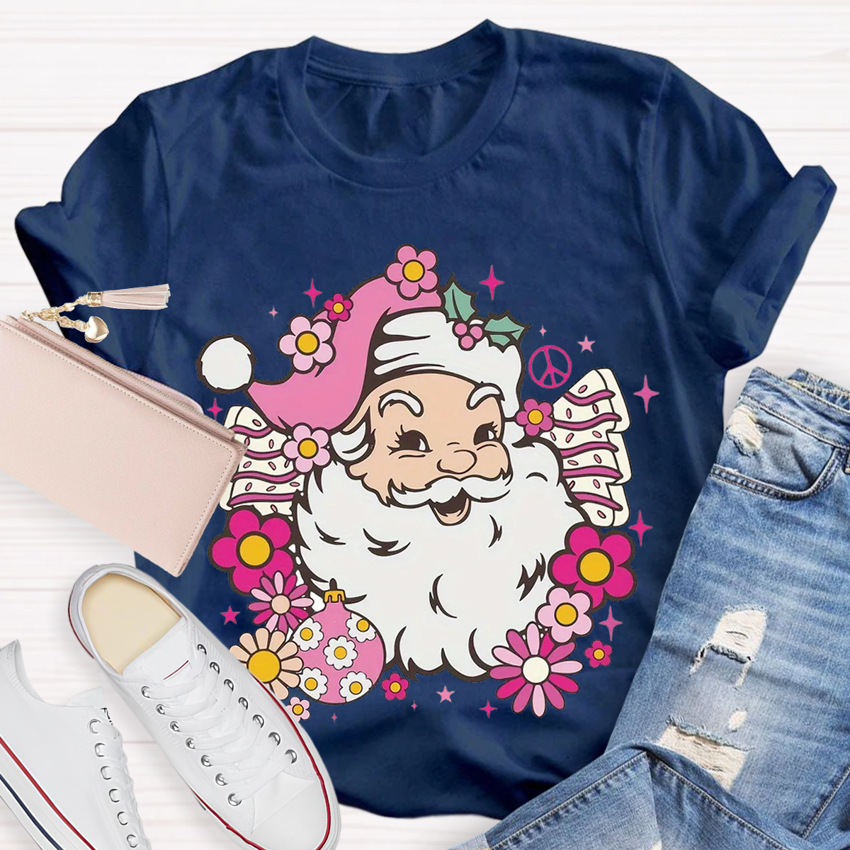 Hippie Santa Groovy Peace Christmas Teacher T-Shirt