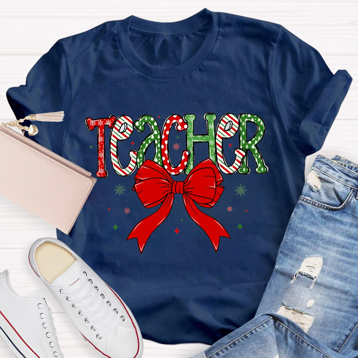 Christmas Bow Doodle Teacher T-Shirt