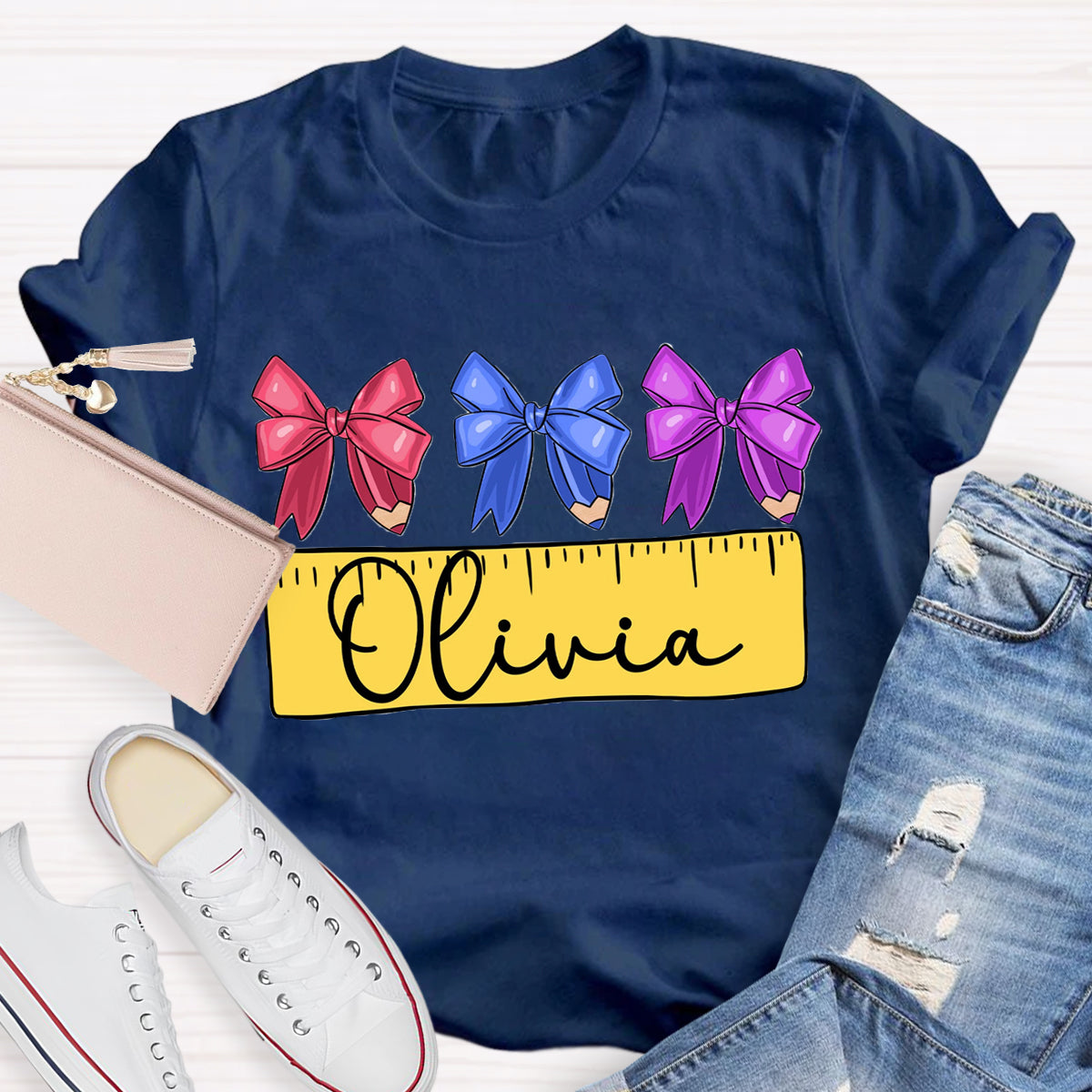 Personalized Name Bow Ruler Print Teacher T-Shirt