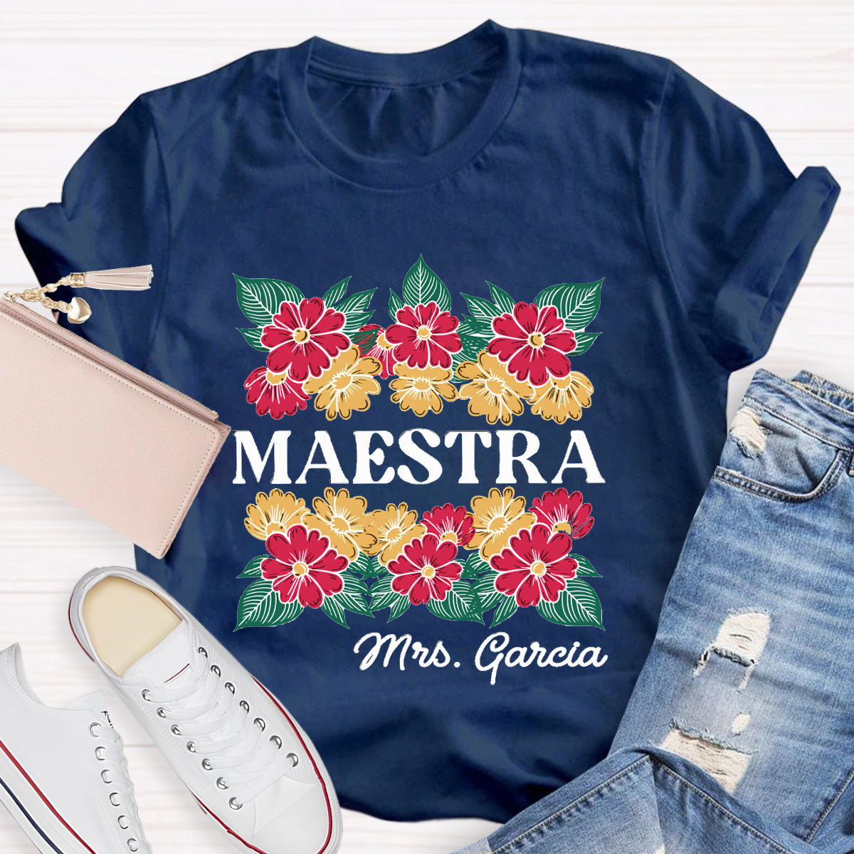 Personalized Name Floral Spanish Teacher T-Shirt