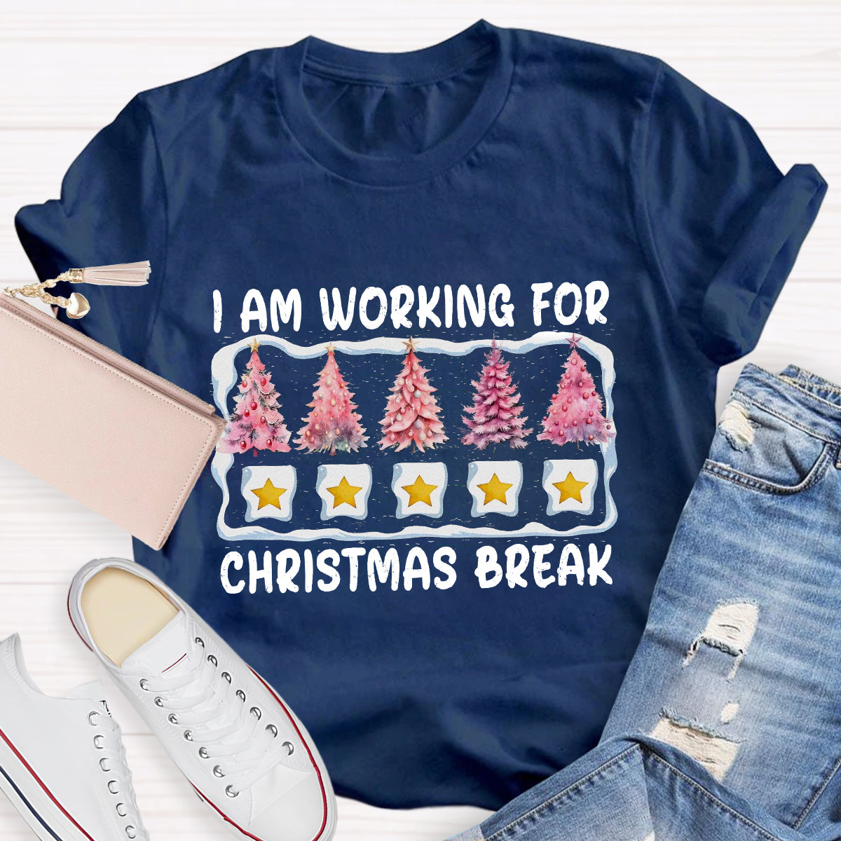 I'm Working For Christmas Break Pink Tree T-Shirt