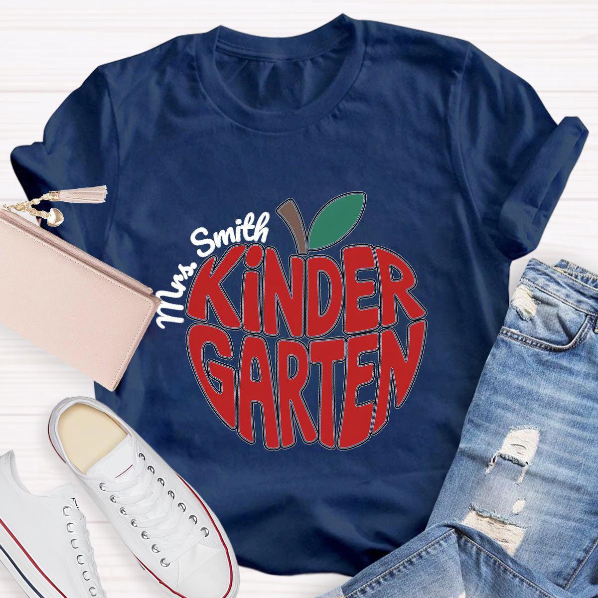 Personalized Kinder Garden Teacher Name Red Apple T-Shirt