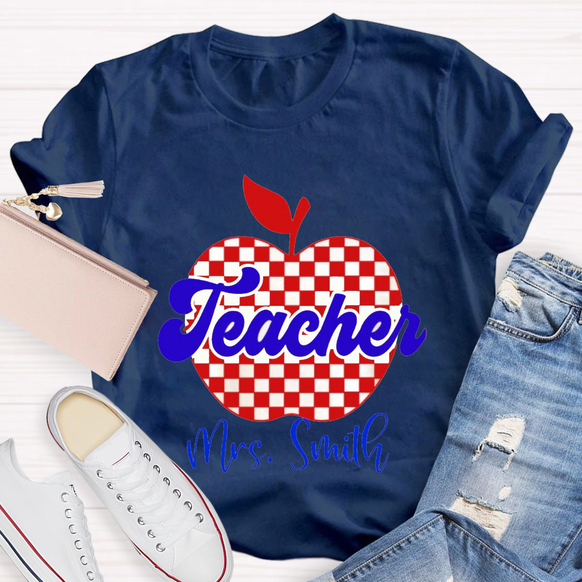 Personalized Name Red Apple Teacher T-Shirt