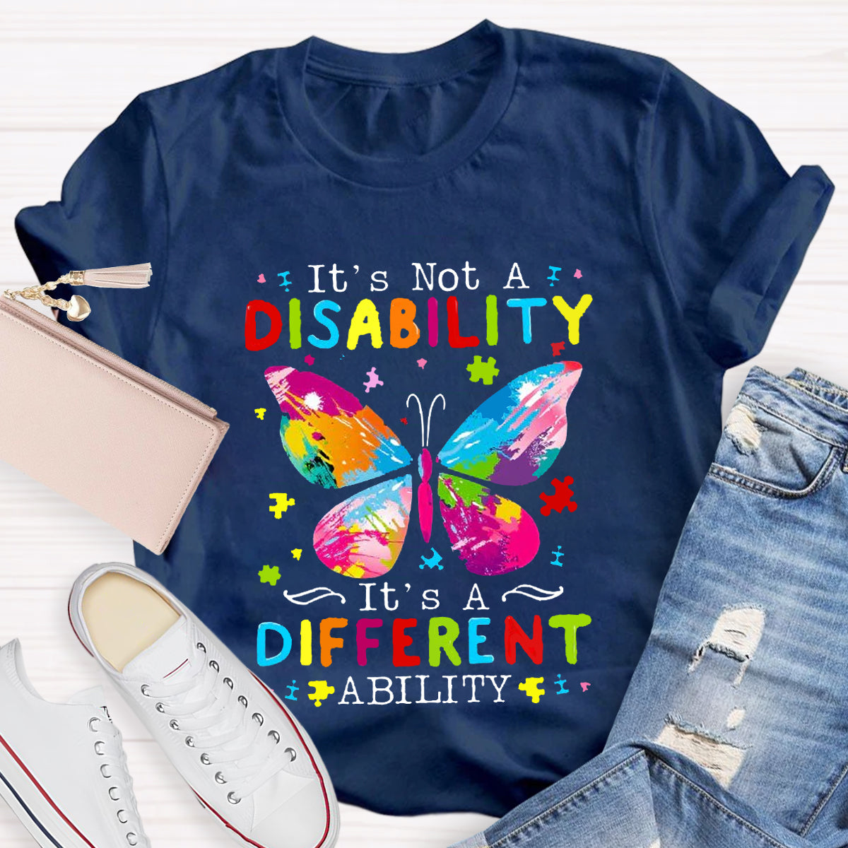 It's Not A Disability It's A Different Ability Puzzle Butterfly Teacher T-Shirt