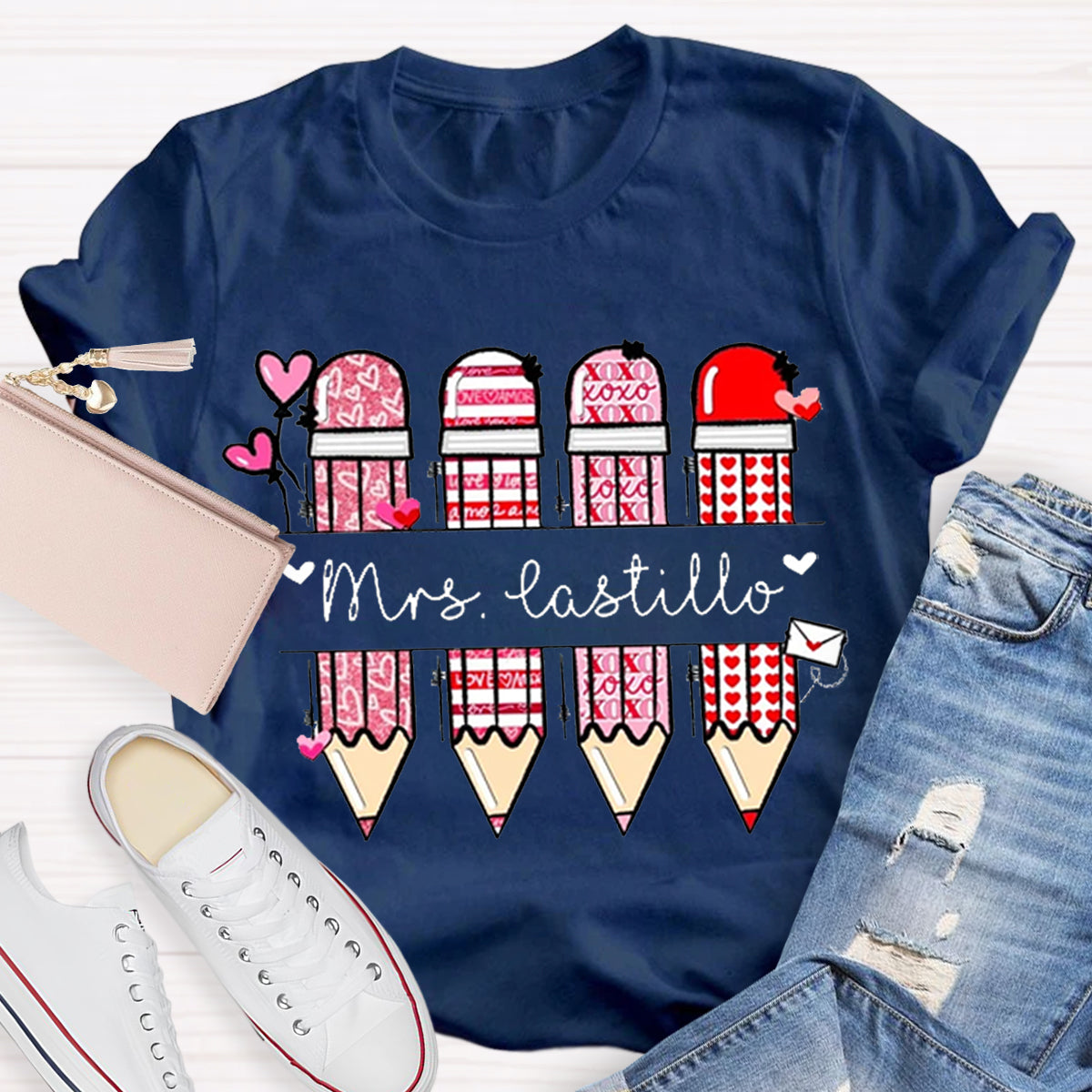 Personalized Teacher Name Pencil Valentines Day T-Shirt