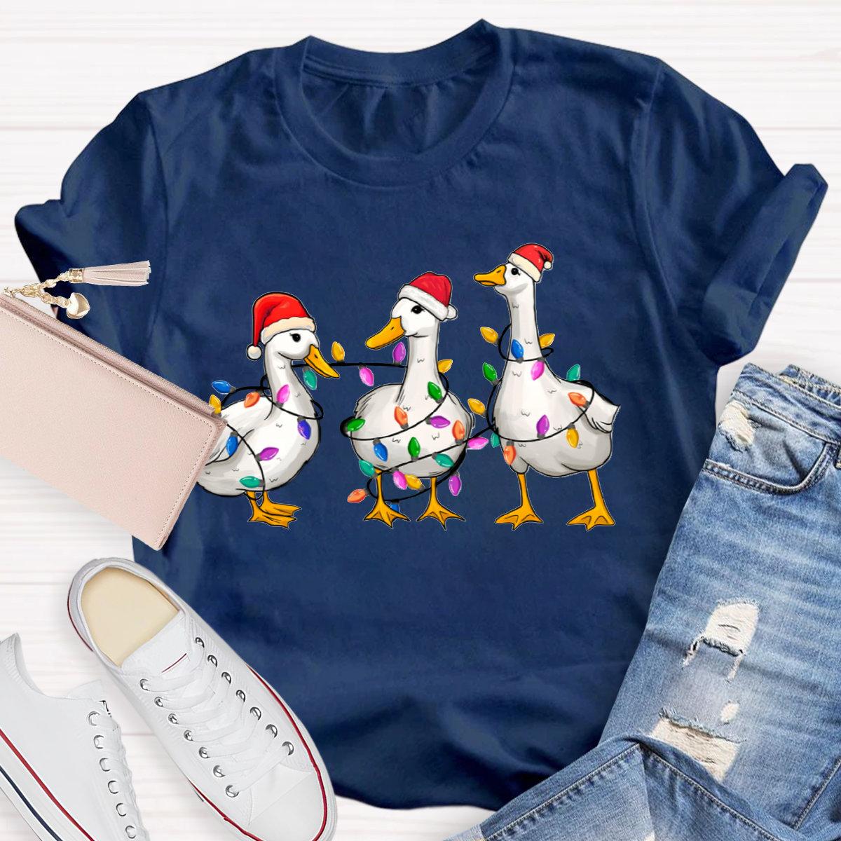 Christmas Ducks With Colorful Lights Teacher T-Shirt