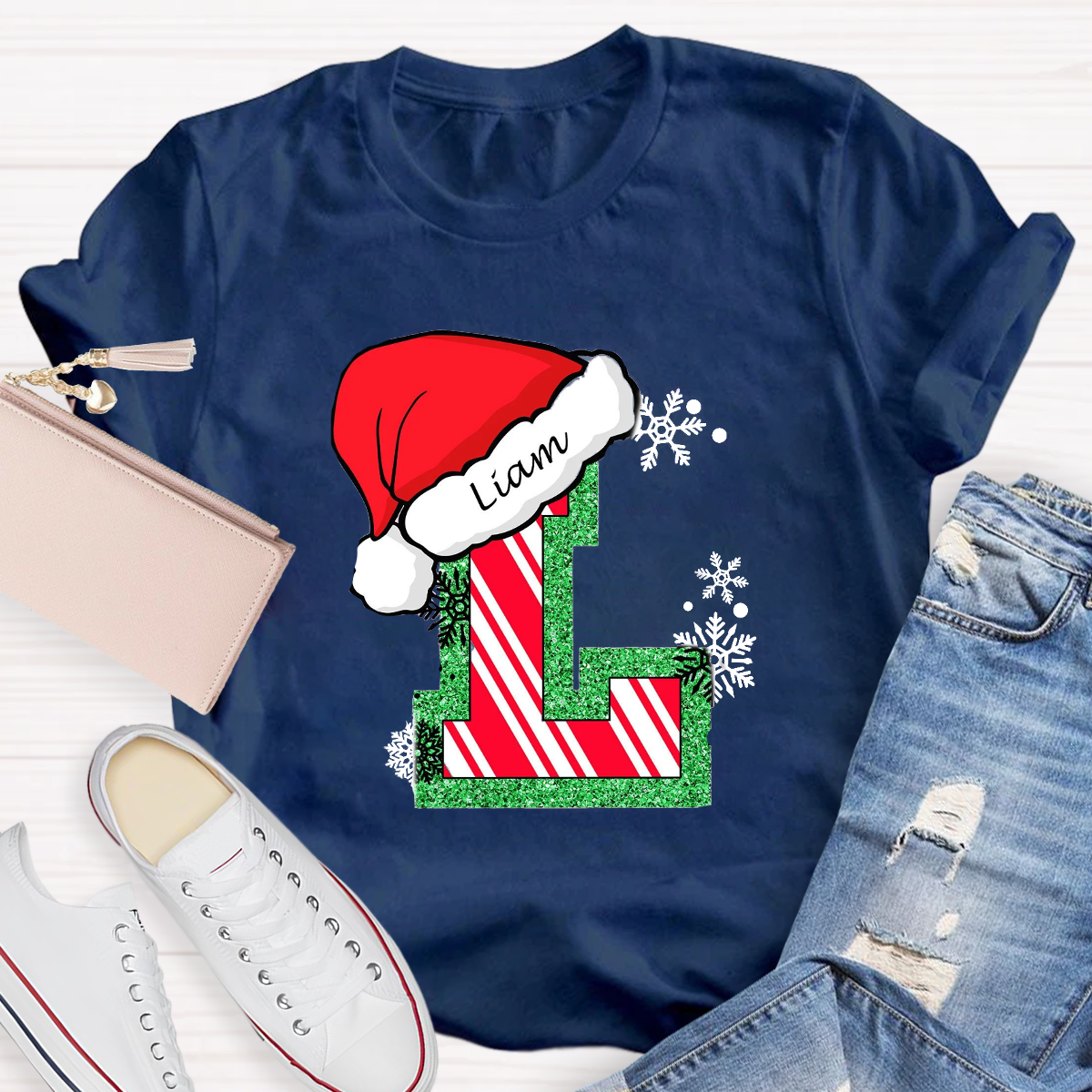 Personalized Name Merry Christmas Santa Holiday Green Red Glitter T-Shirt