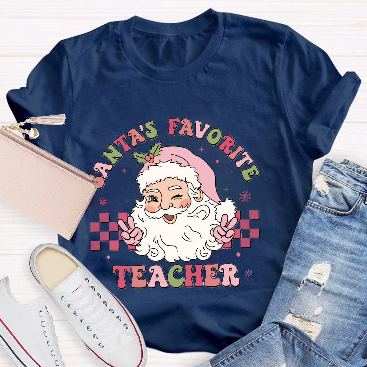 Santa's Favorite Teacher Pink Santa Claus T-Shirt