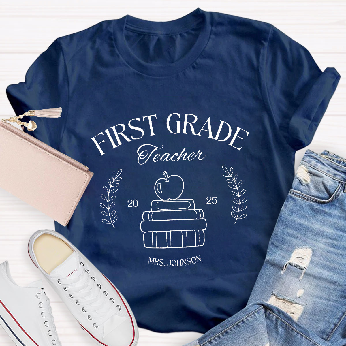 Personalized Grade And Name Books Apple Teacher T-Shirt