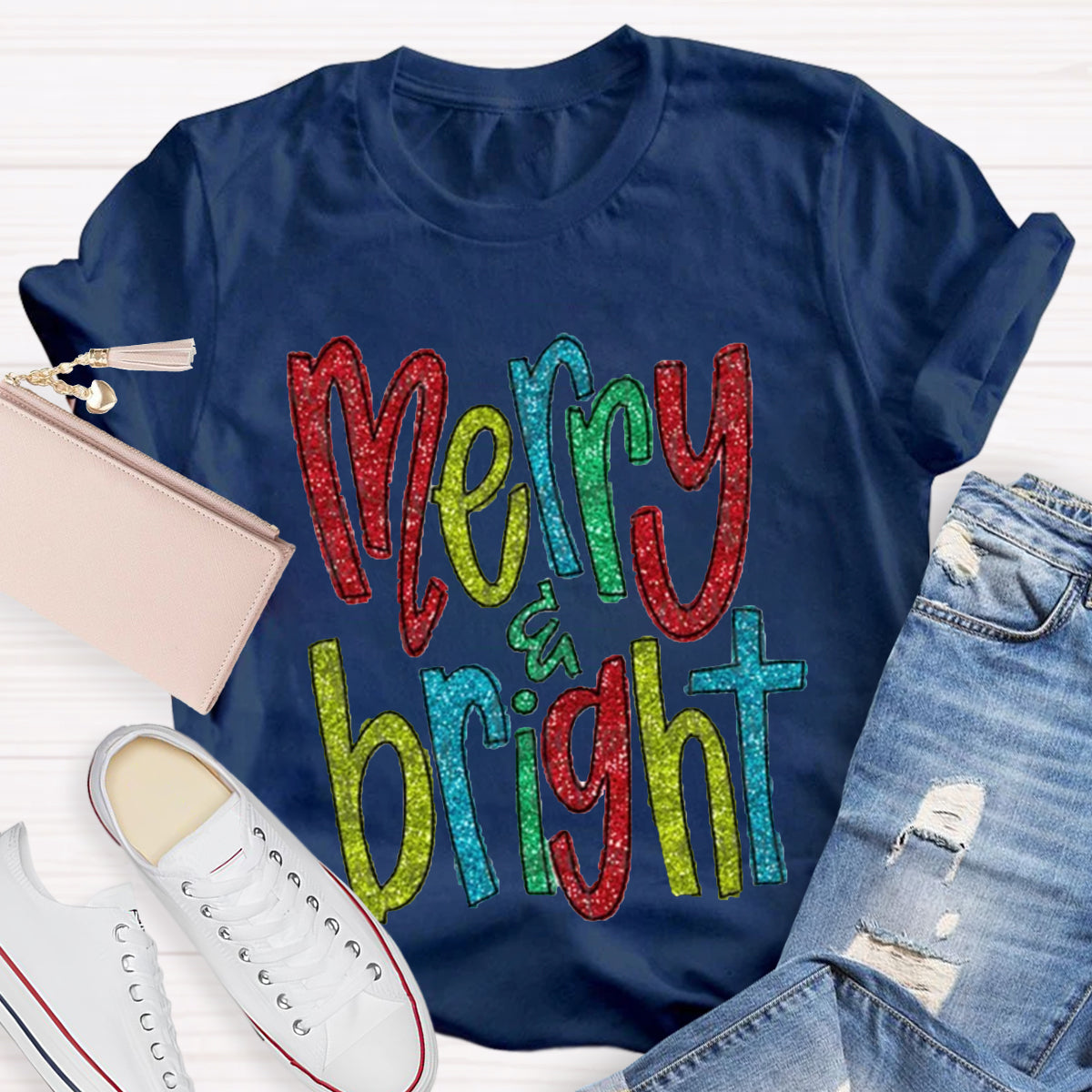 Glitter Merry And Bright Teacher T-Shirt