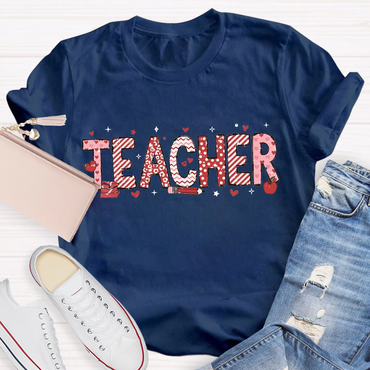 Valentine's Day Pink Heart Pencil Teacher T-Shirt