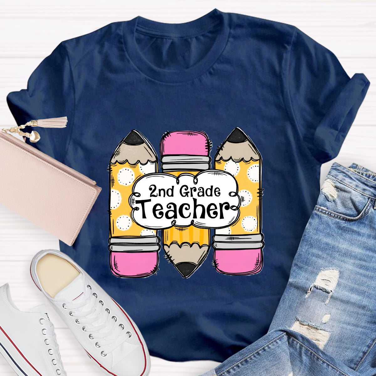 Personalized Grade Pink Pencil Printed 2nd Grade Teacher T-Shirt