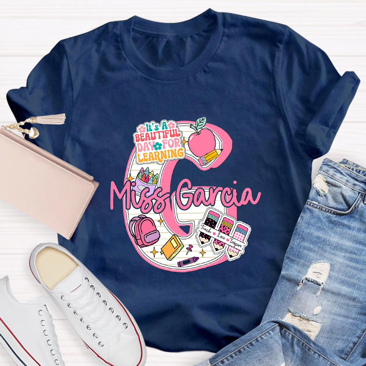 Personalized Name It's A Beautiful Day For Learning Teacher T-Shirt