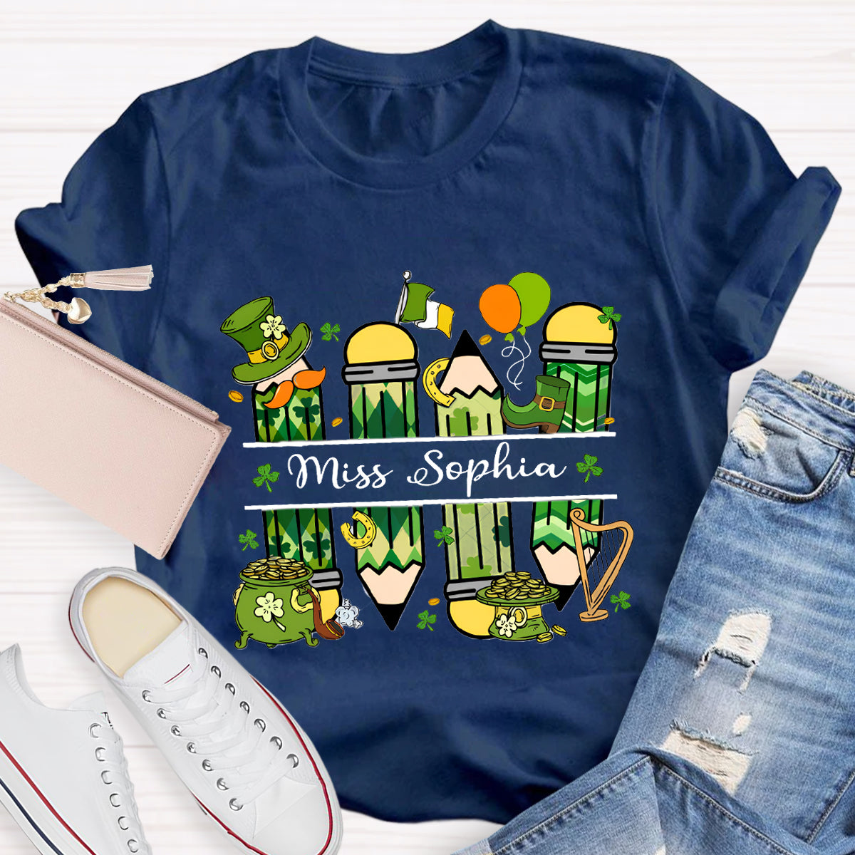 Personalized Name Green Pencil Teacher T-Shirt