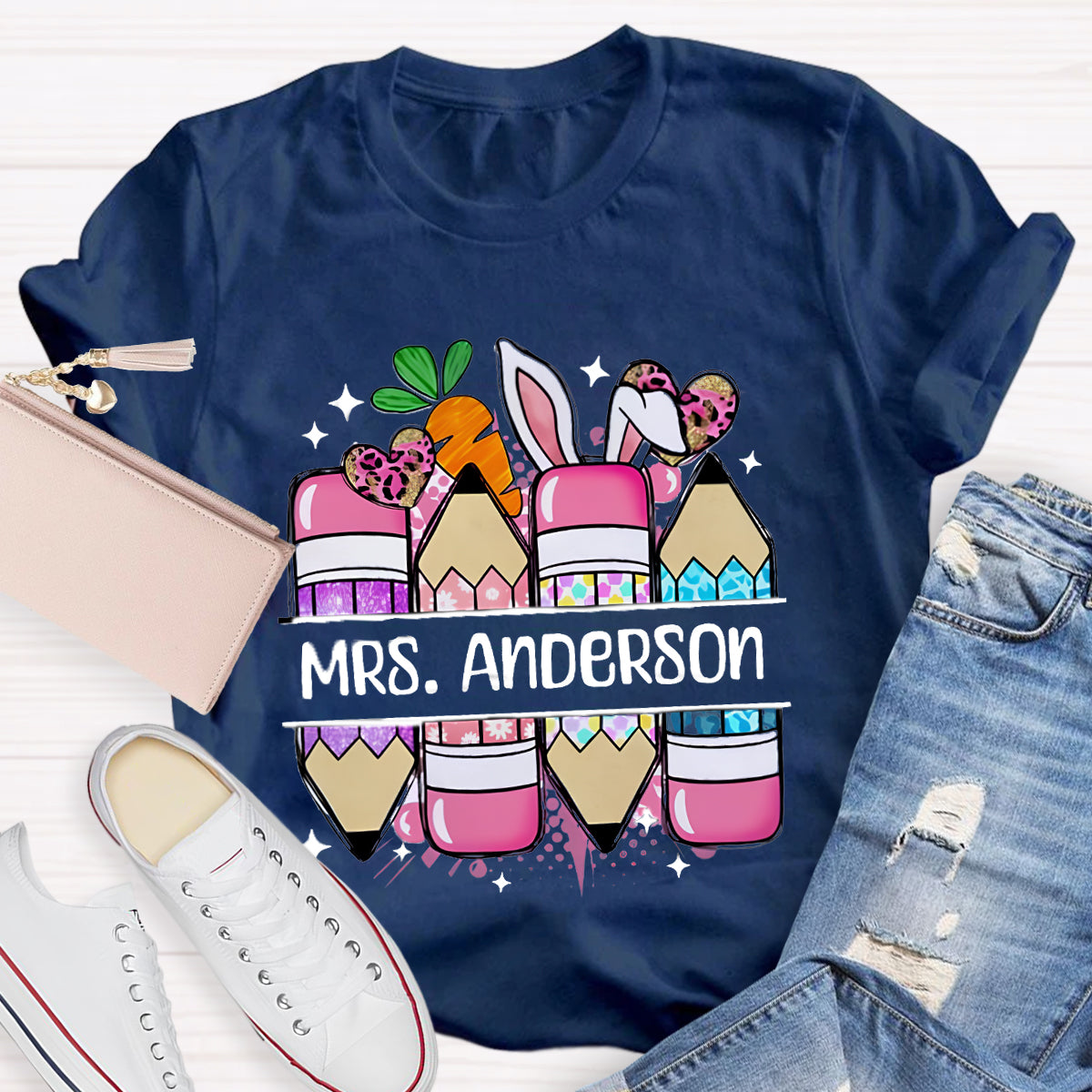 Personalized Name Cute Easter Pencils Teacher T-Shirt