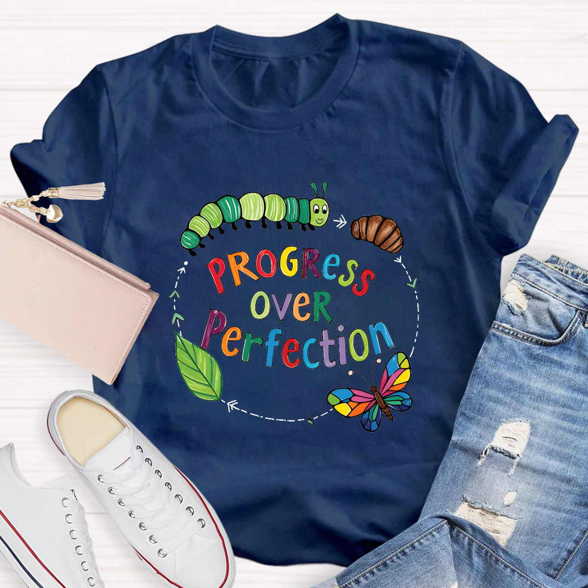 Progress Over Perfection Butterfly Teacher T-Shirt