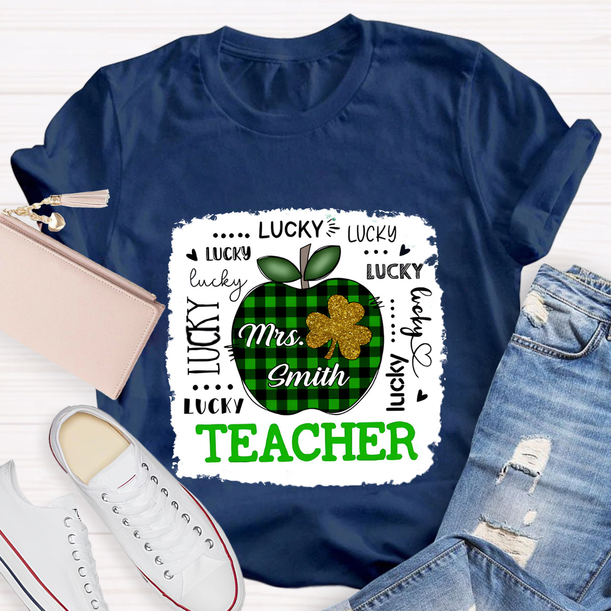 Personalized Name Lucky Teacher Green Apple T-Shirt