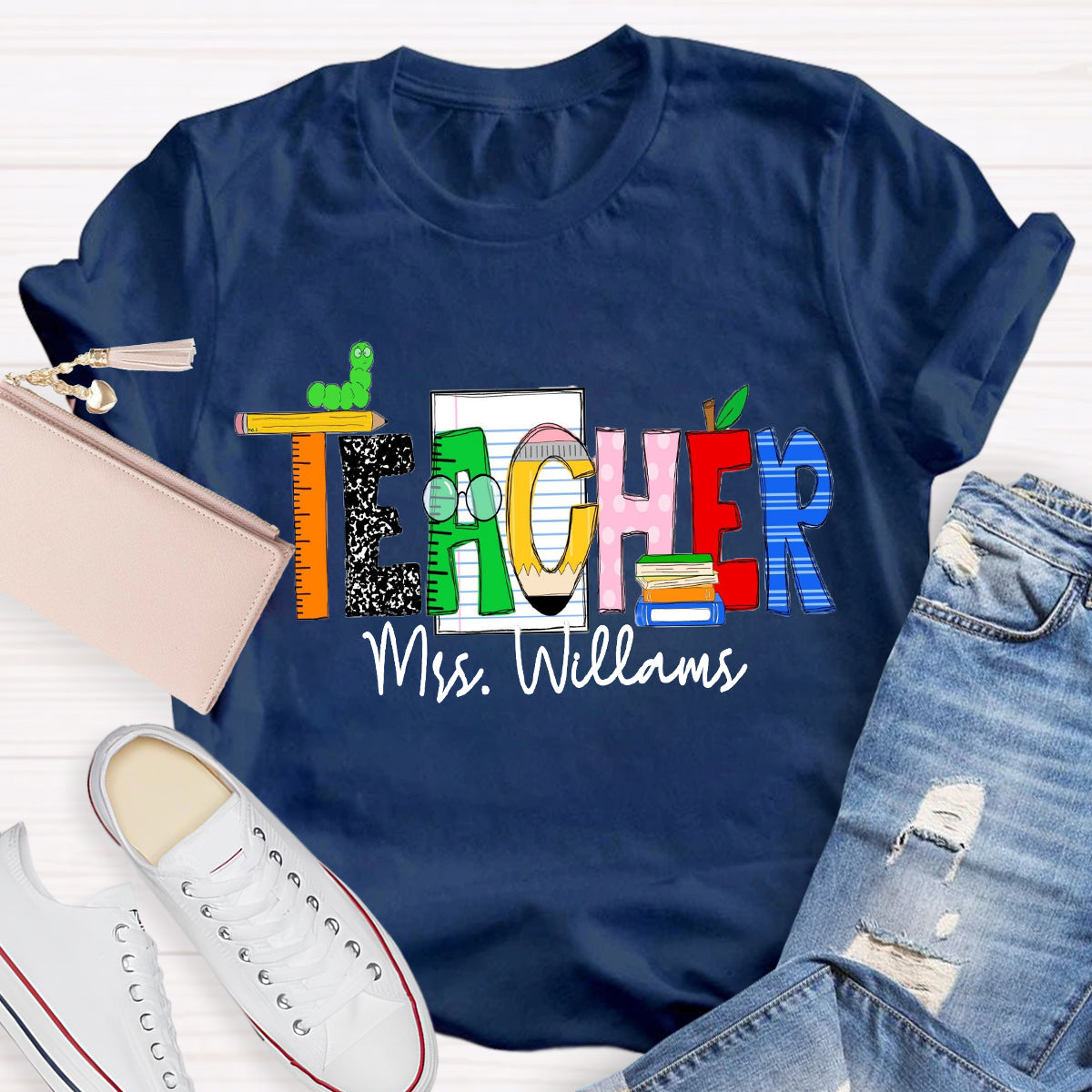 Personalized Teacher Name Caterpillar Exploring Knowledge Teacher T-Shirt