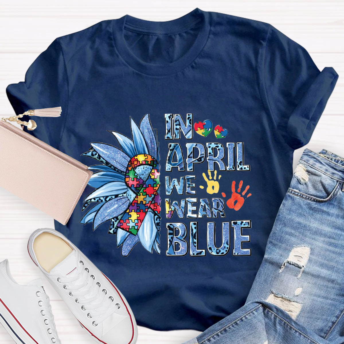 In April We Wear Blue Autism Awareness Puzzle Piece T-Shirt