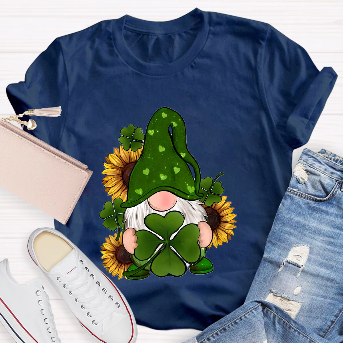 St. Patricks Day Gnome With Sunflowers Teacher T-Shirt