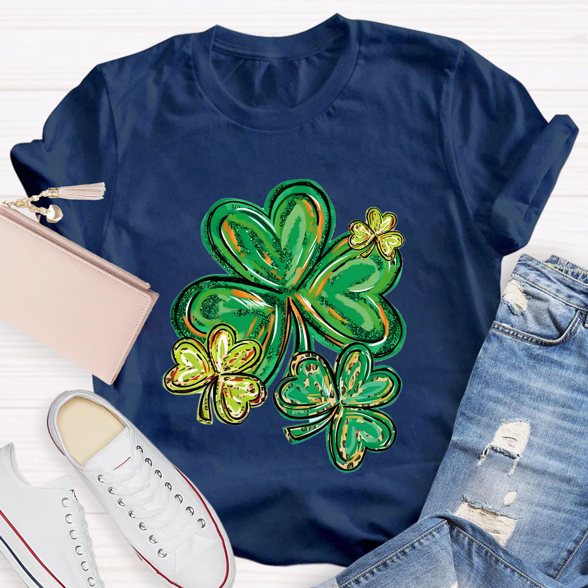 St Patrick's Day Clover Print Teacher T-Shirt