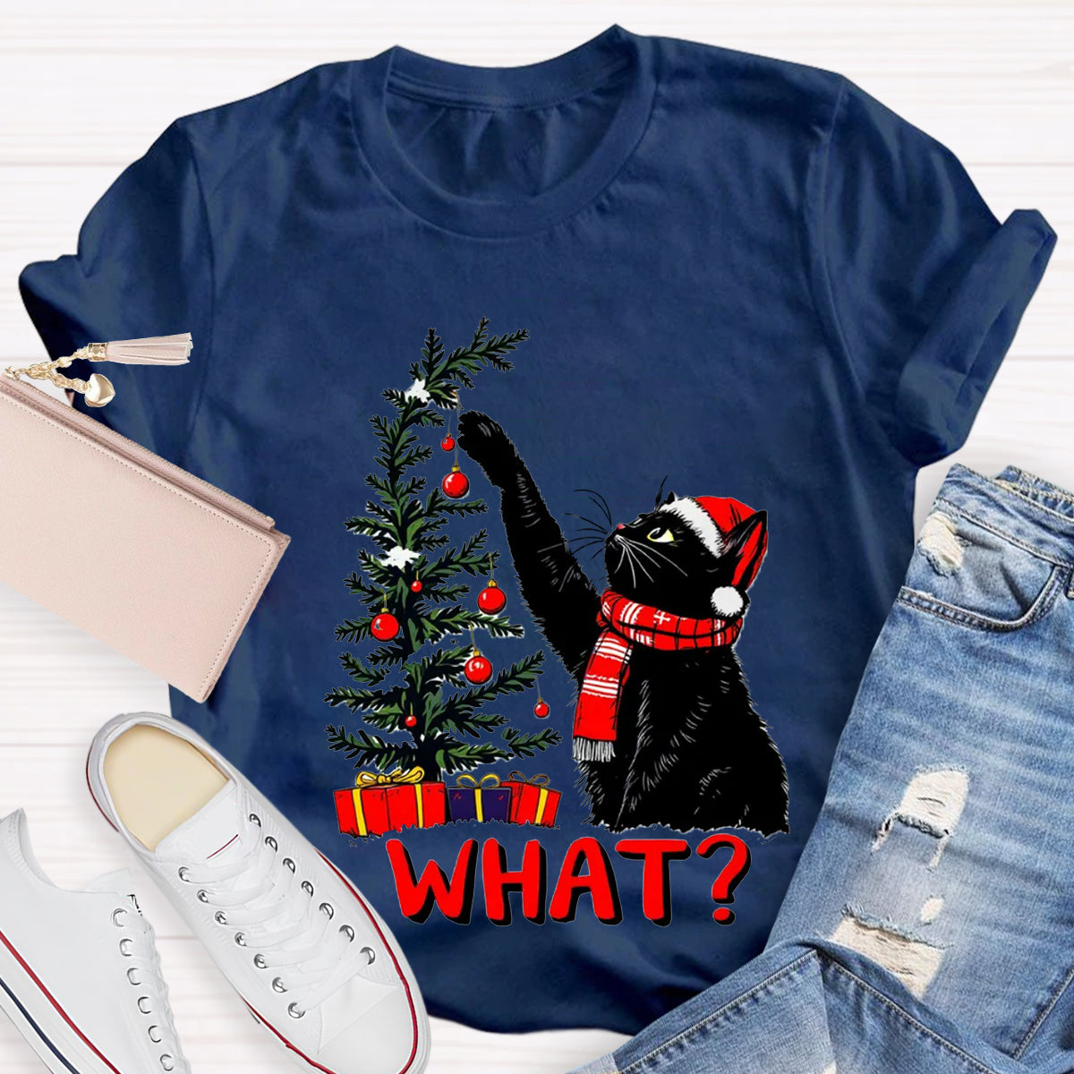 Black Cat Pushing Christmas Tree T-Shirt