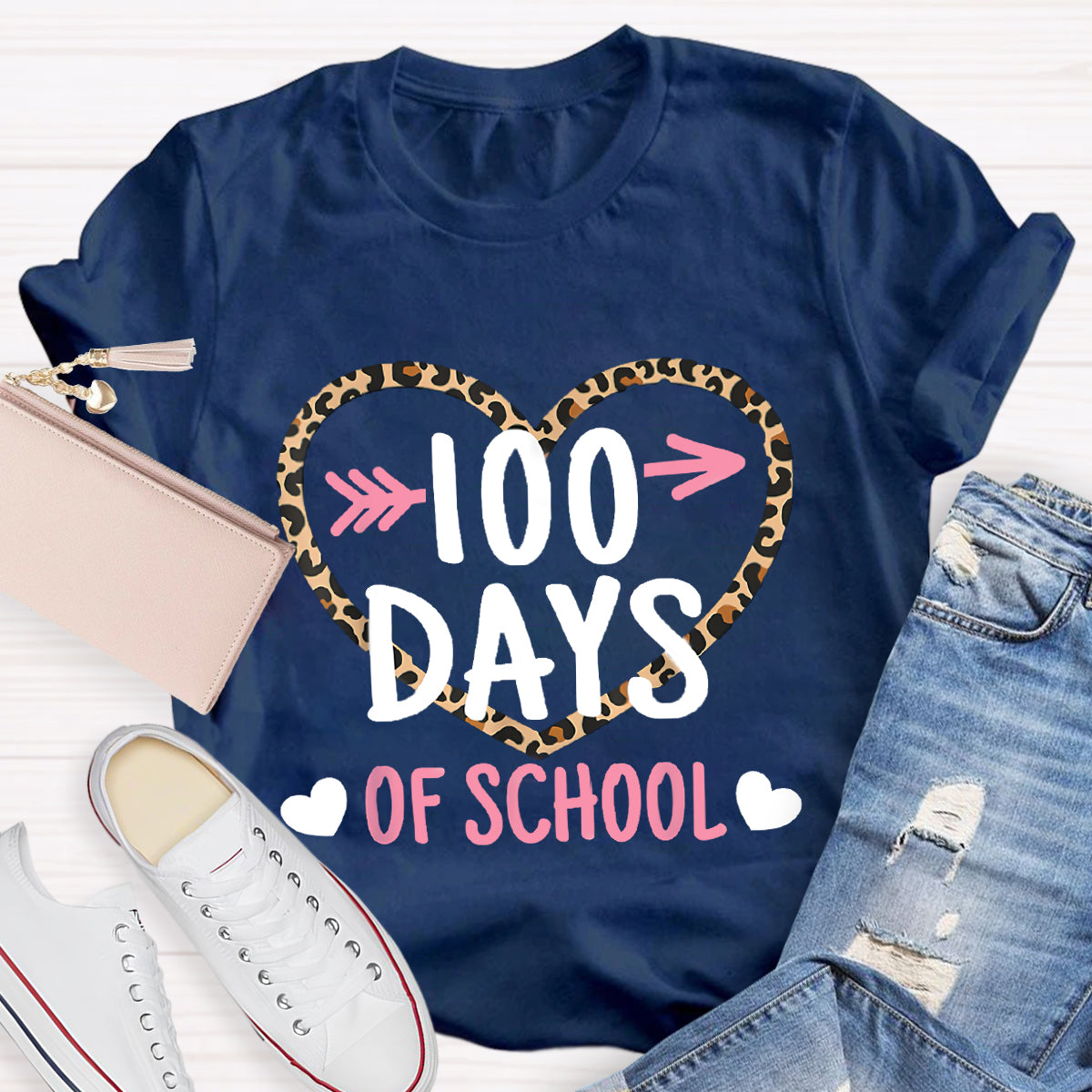 100 Days Of School Leopard Heart T-Shirt