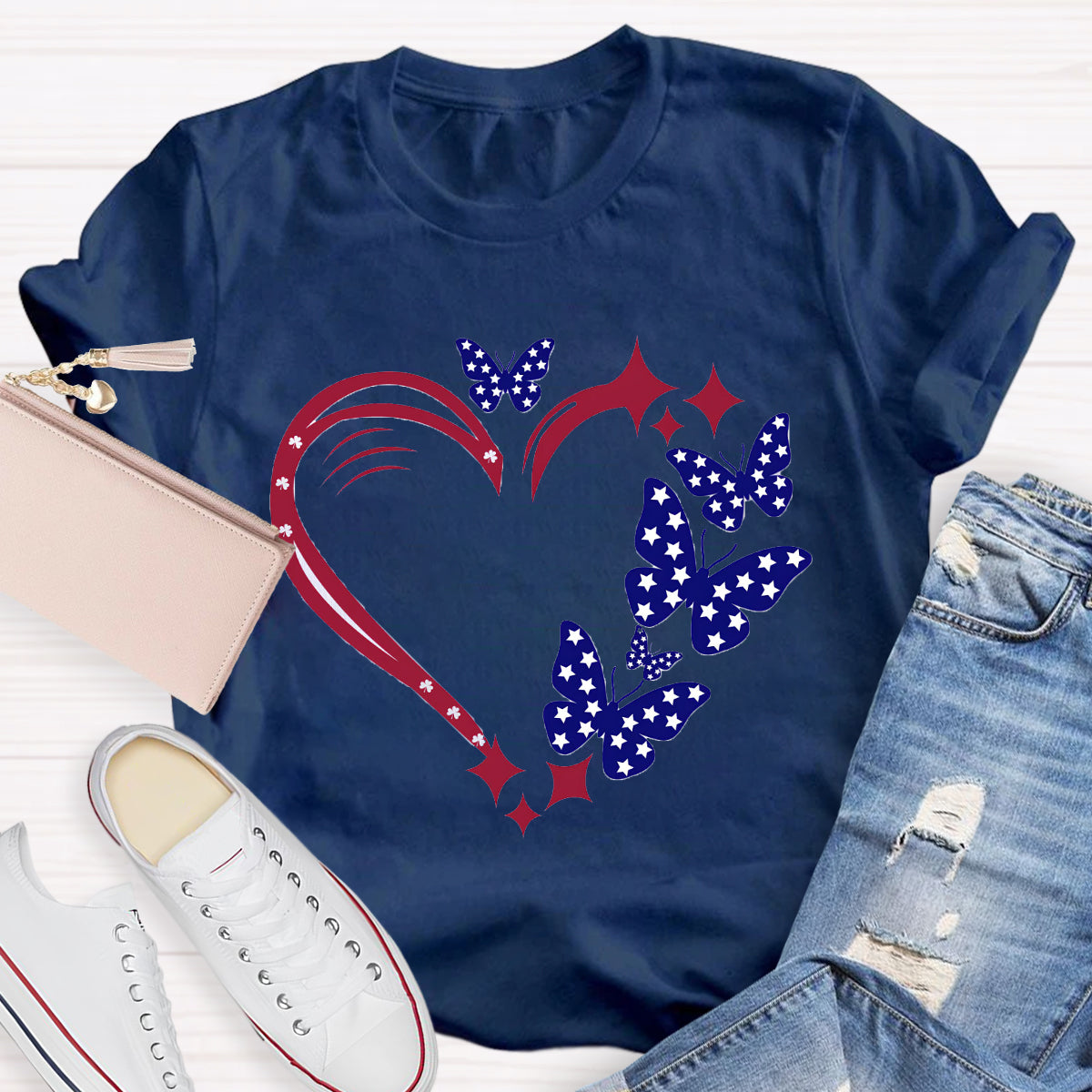Stars And Strips Butterfly Teacher T-Shirt