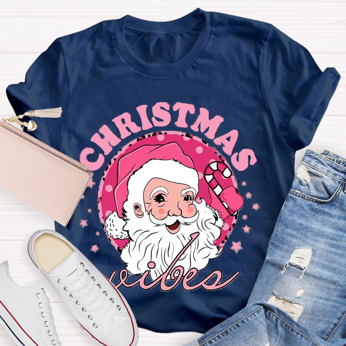 Christmas Vibes Pink Santa Claus T-Shirt