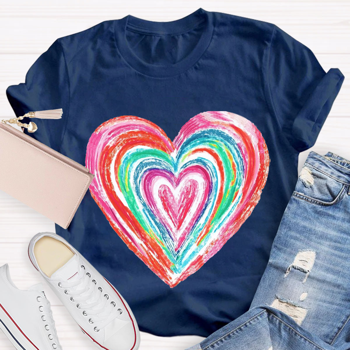 Valentines Colorful Rainbow Heart Teacher T-Shirt