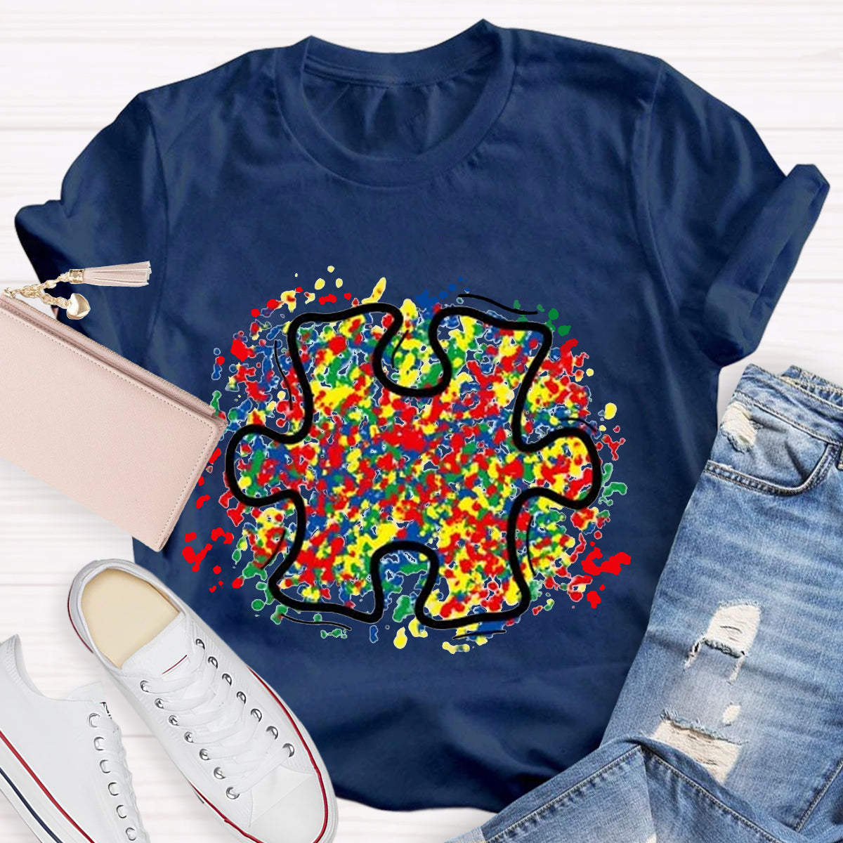 Colorful Autism Puzzle Piece Teacher T-Shirt