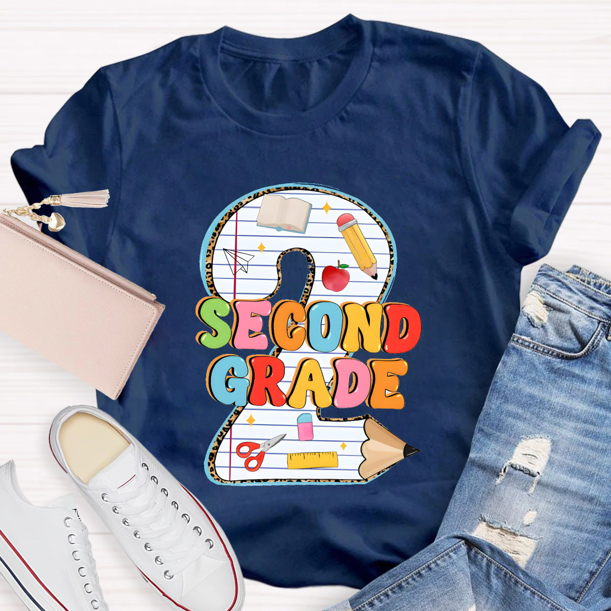 Personalized Grade Pencil Number Second Grand Teacher T-Shirt