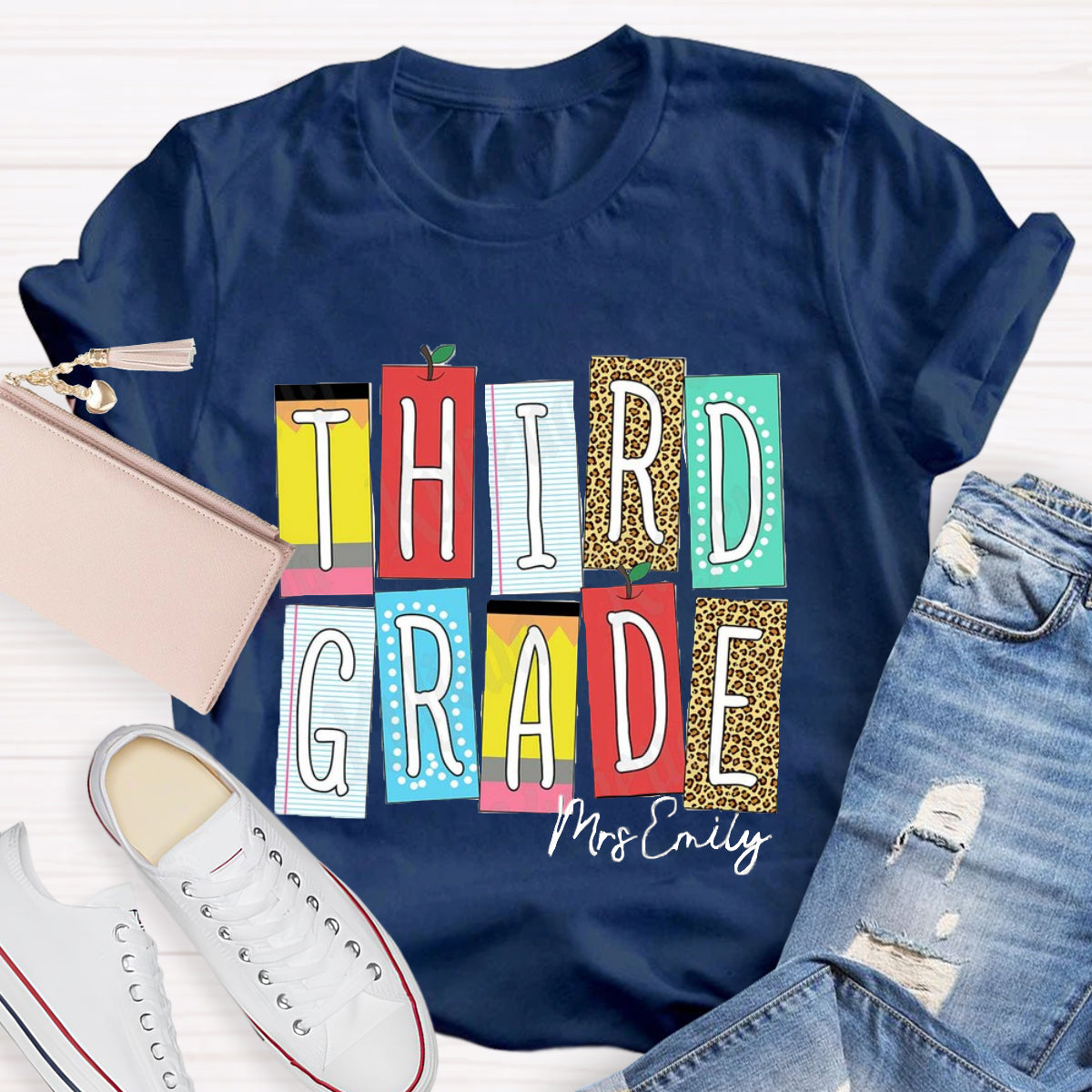 Personalized Grade And Name Leopard Color Block Teacher T-Shirt