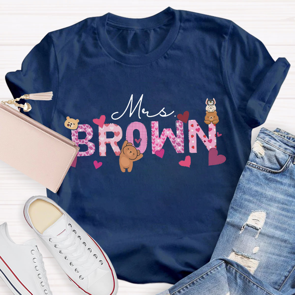 Personalized Name Pink Heart Teacher T-Shirt