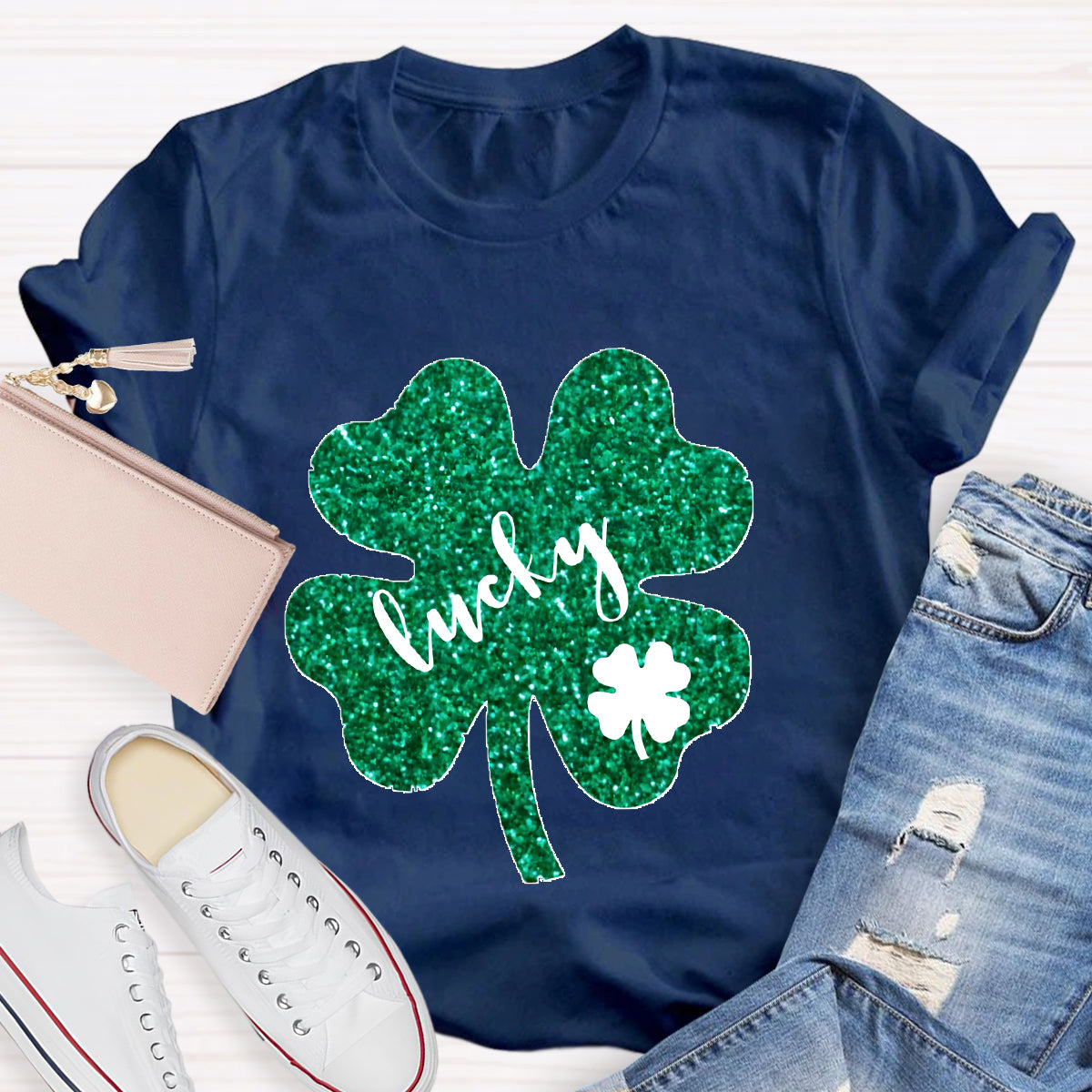 Green Glitter Shamrock Lucky Teacher T-Shirt