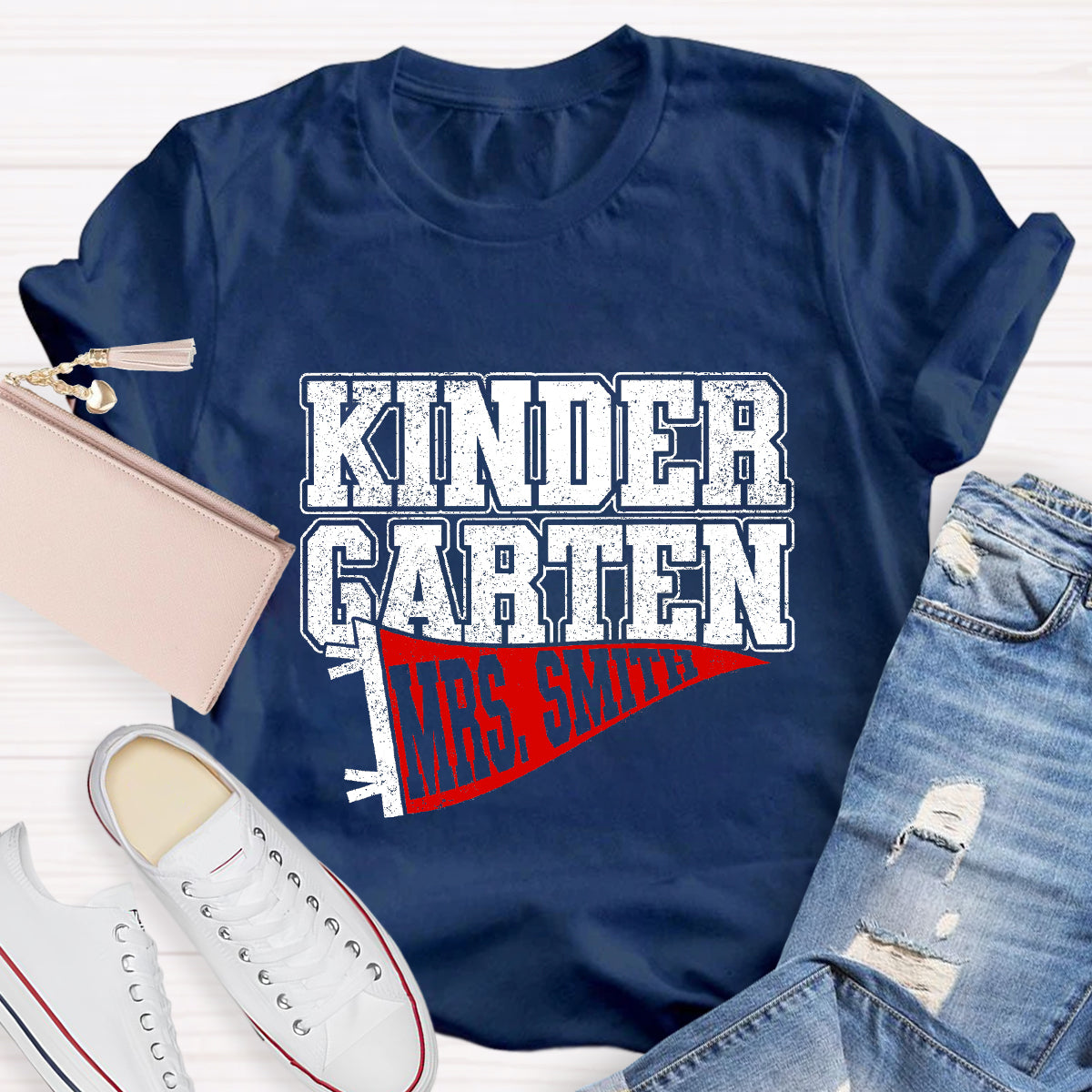 Personalized Grade And Name Flag Shaped Print Teacher T-Shirt
