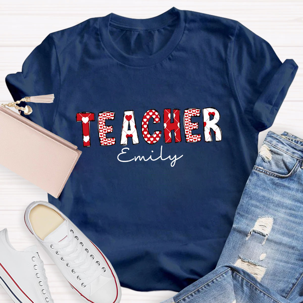 Personalized Name Pink Heart Printed Teacher T-Shirt