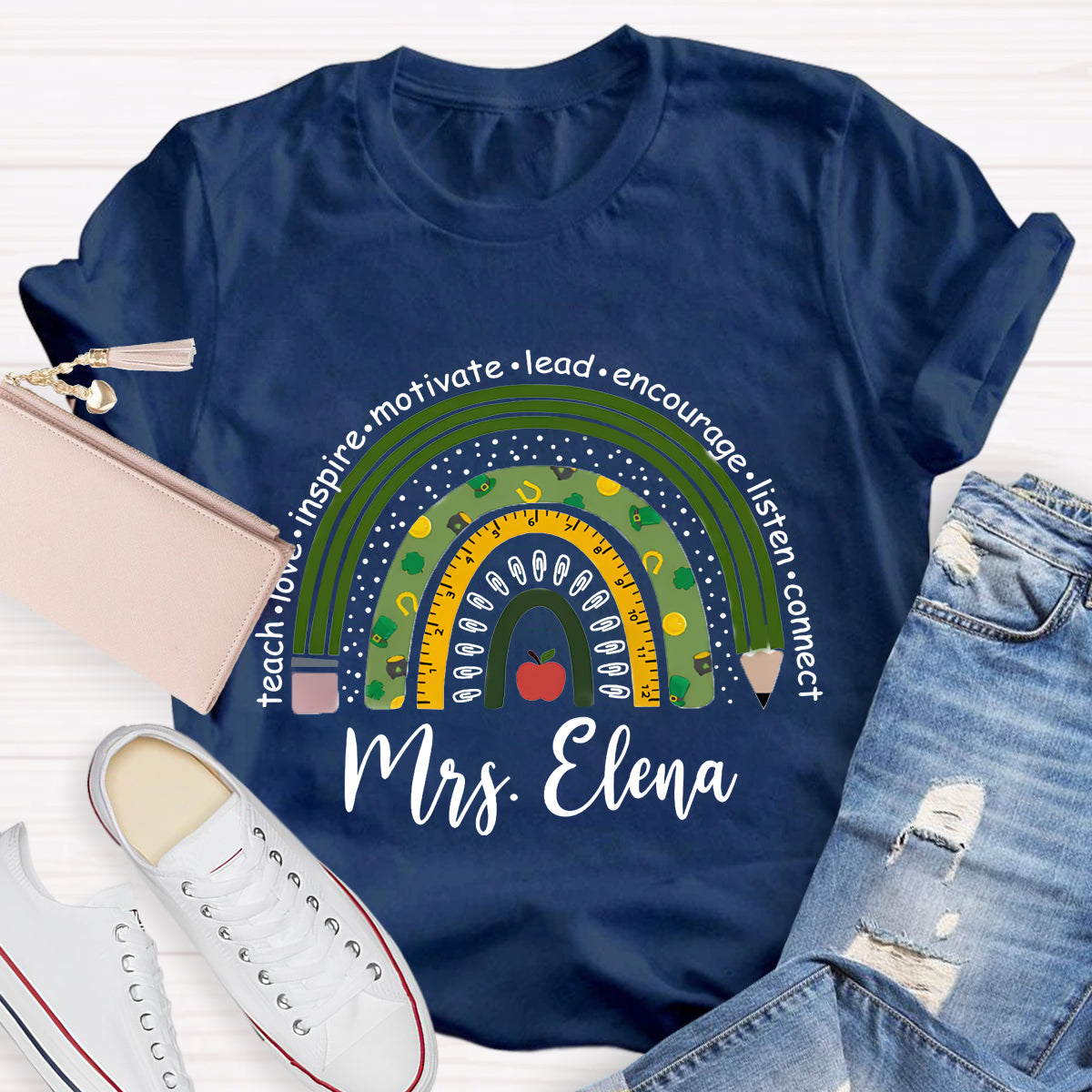 Personalized Name Green Rainbow Teach Love Inspire T-Shirt