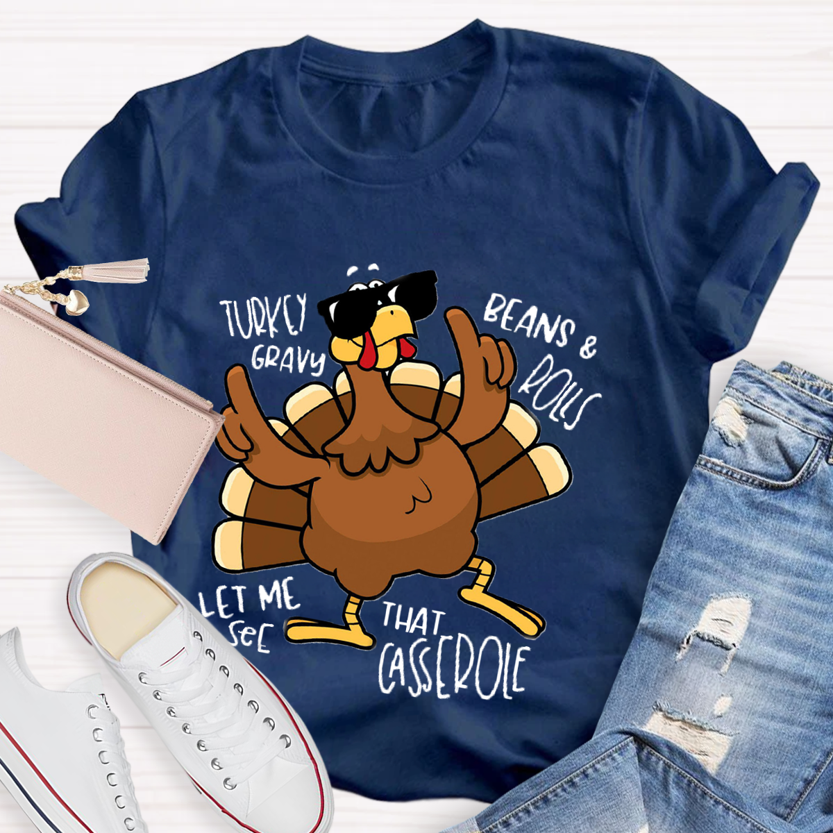 Turkey Gravy Beans Rolls Thanksgiving Teacher T-Shirt